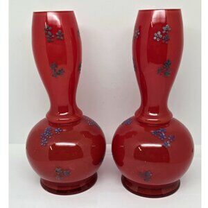 Vintage 1 Pair Red Glass Vases with Hand Painted Blue Flowers